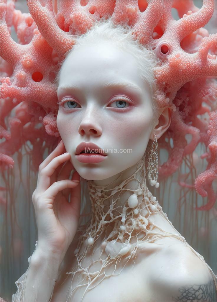 Imagen generada por IA en la comunidad IAcomuia: Woman with magenta corals on her head, porcelain pale skin, topological renders, hi-fructose art magazine, artforum, some tentacles are touching her, twigs, yasuke 5 0 0 px models, wearing jewellery, bilateral symmetry, albino, 32k, magenta