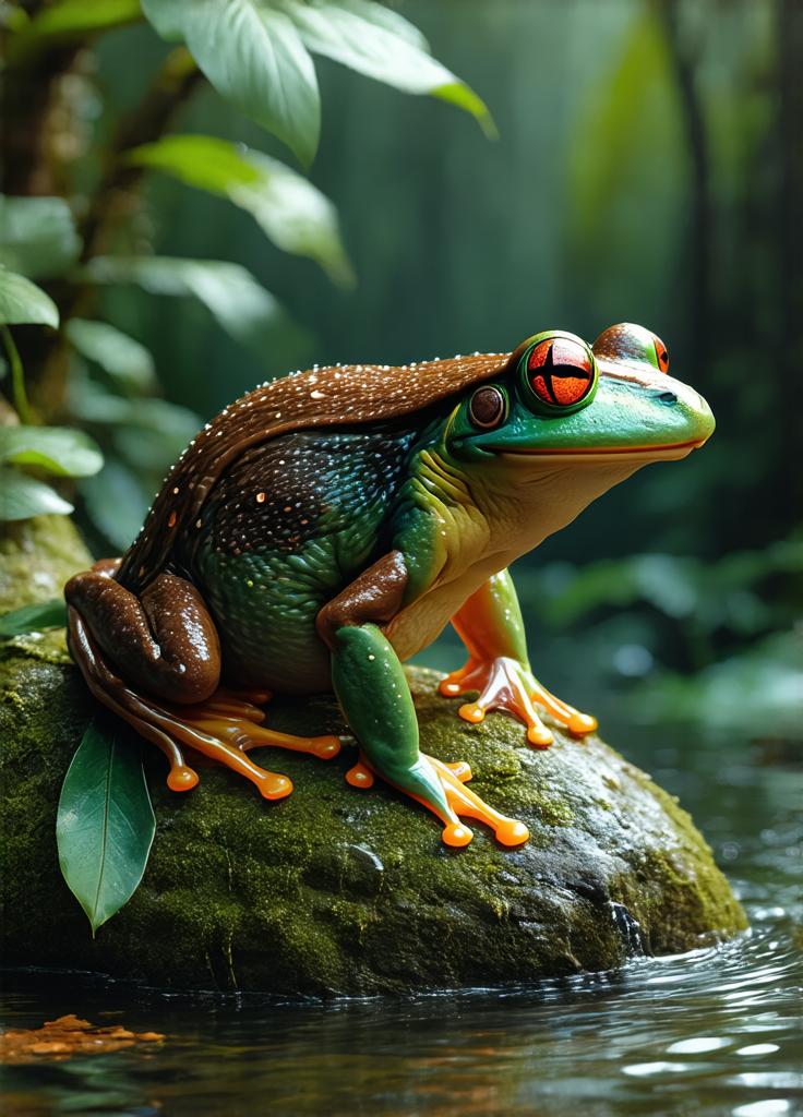 Imagen generada por IA en la comunidad IAcomuia: A hyper-realistic 8k fantastical hybrid creature blending the unique traits of a platypus with the vibrant features of a tree frog. the creature has the streamlined, semi-aquatic body of a platypus, its fur a rich, dark brown with subtle iridescent green and blue highlights that shimmer in the light. its webbed feet are slightly elongated and end in bright orange toes like those of a tree frog, allowing it to swim and climb with remarkable agility. the creature’s bill is smooth and glossy, blending seamlessly with its frog-like face, and its eyes are large, glowing red, resembling those of a tree frog. its back has a faint, glossy sheen, echoing the moist skin of a frog, while its tail is flat and paddle-like, perfect for navigating water. the hybrid rests gracefully on a moss-covered rock by a crystal-clear stream in a tropical rainforest, surrounded by lush greenery, glowing mushrooms, and soft rays of sunlight filtering through the dense canopy. the atmosphere is vibrant, magical, and filled with an aura of mystery and adaptability