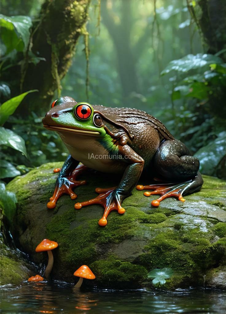 Imagen generada por IA en la comunidad IAcomuia: A hyper-realistic 8k fantastical hybrid creature blending the unique traits of a platypus with the vibrant features of a tree frog. the creature has the streamlined, semi-aquatic body of a platypus, its fur a rich, dark brown with subtle iridescent green and blue highlights that shimmer in the light. its webbed feet are slightly elongated and end in bright orange toes like those of a tree frog, allowing it to swim and climb with remarkable agility. the creature’s bill is smooth and glossy, blending seamlessly with its frog-like face, and its eyes are large, glowing red, resembling those of a tree frog. its back has a faint, glossy sheen, echoing the moist skin of a frog, while its tail is flat and paddle-like, perfect for navigating water. the hybrid rests gracefully on a moss-covered rock by a crystal-clear stream in a tropical rainforest, surrounded by lush greenery, glowing mushrooms, and soft rays of sunlight filtering through the dense canopy. the atmosphere is vibrant, magical, and filled with an aura of mystery and adaptability