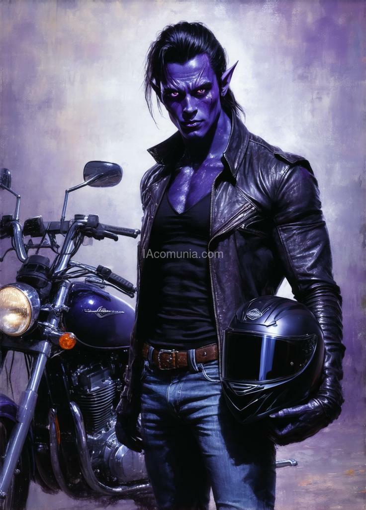 Imagen generada por IA en la comunidad IAcomuia: Oil painting, pastel paint, a male dark elf with dark purple skin, solid silver eyes, he is standing in front of a motorcycle, he is holding a motorcycle helmet under his arm, he is wearing jeans and a black shirt, beneath a leather jacket, he has shaggy black hair in a short ponytail, confident, cyberpunk,