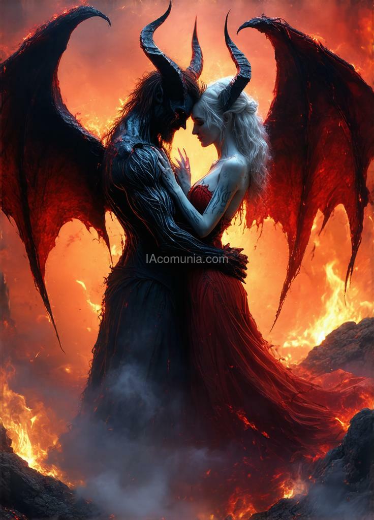 Imagen generada por IA en la comunidad IAcomuia: A 3d render of a surreal, dark fantasy scene with two demonic figures locked in a passionate embrace. the male demon has red skin, horns, skeletal details, and crimson wings with a glowing, molten effect. the female demon has white skin, tribal tattoos covering her body, and dark horns. they float above a rocky, fiery landscape with embers and smoke swirling around them. the lighting is dramatic, casting ethereal beams, with an apocalyptic atmosphere and intricate detail on their bodies. the style is highly realistic, with gothic and macabre aesthetics, similar to zuri van klaxklax's style.