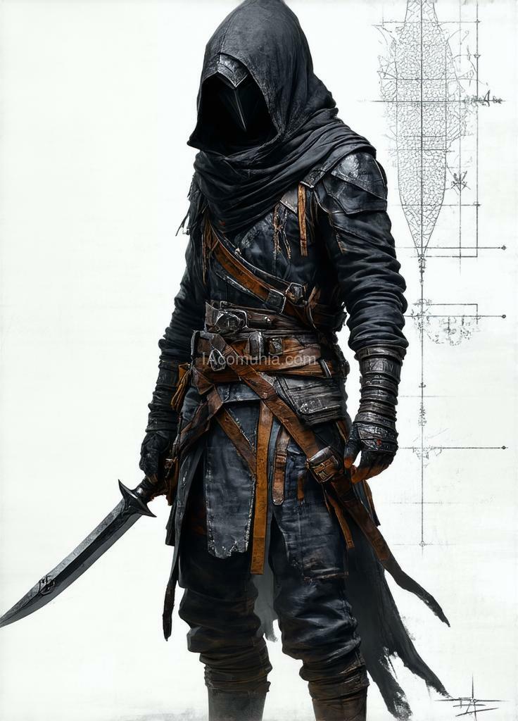 Imagen generada por IA en la comunidad IAcomuia: A dark and intense character design depicting a templar assassin, wearing a hooded, armor-like outfit that combines tactical practicality with gothic and medieval influences. the figure is adorned in a blend of leather and fabric, featuring layered textures and intricate detailing, including reinforced stitching, geometric engravings, and weathered material. the character's mask is a prominent feature, designed with a beak-like structure and intricate patterns, concealing their identity while exuding an air of mystery and menace. the outfit includes utility belts with pouches and holsters, as well as a cross-body leather strap that adds depth and realism to the design. a sharp, dagger-like blade is held confidently in one hand, its polished surface catching the subtle lighting that illuminates the scene. the background is dark and minimalistic, with faint diagrams and symbols drawn in white, suggesting tactical planning or a connection to ancient lore. the color palette emphasizes muted grays, browns, and blacks, with subtle metallic accents. the lighting is dramatic, with soft highlights accentuating the textures of the outfit and weapon. the overall mood conveys stealth, precision, and danger, embodying the essence of an elite assassin. created by sasan