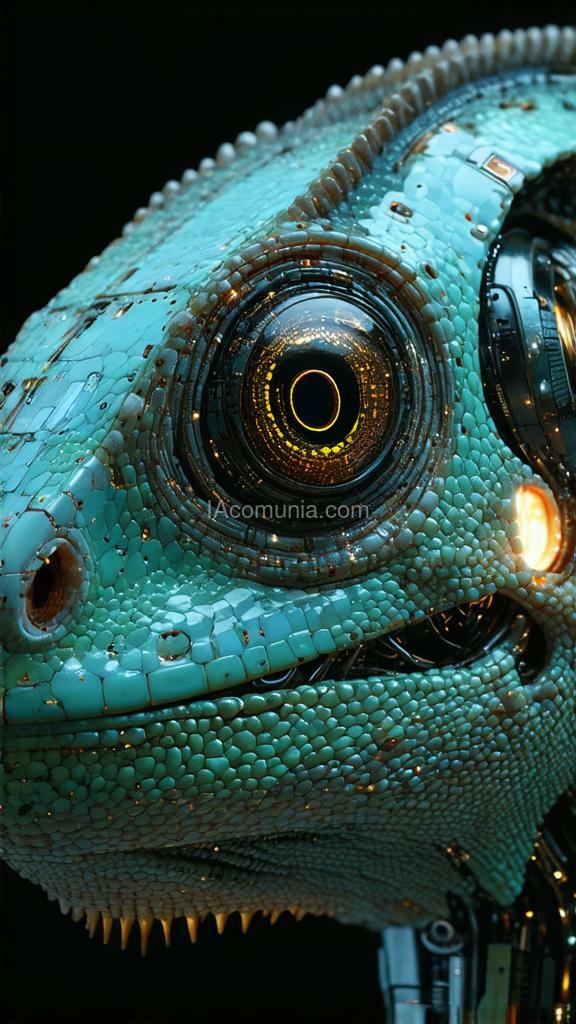 Imagen generada por IA en la comunidad IAcomuia: Ultra-realistic portrait image of a bionic chameleon head in inverted color shades of unearthly origin. this is a high-tech mixture of bionic-organic and genetic morphing with elements of high-tech robotic parts of the chameleon head with built-in robotic-mechanical parts. perform a close-up portrait of the bionic chameleon head, with special attention to the eyes made of the latest bionic-technological material with built-in video surveillance sensors. work out the smallest details and microprocessor bio-assemblies on the surface of the skin and internal parts. a tail with a bright internal glow is visible in the background. the background is defocused. the portrait image of a unique bionic chameleon is made for an advertising magazine about the inverted nature of unearthly origin and is made with maximum detail and photorealism.