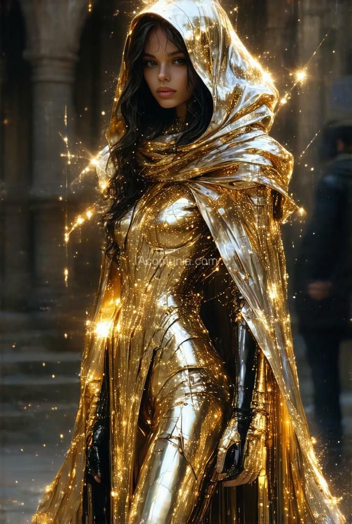 Imagen generada por IA en la comunidad IAcomuia: Hyper realistic detailed digital painting in the style of william egglestona front view photo of a cyber gold glistening full body emily didonato goddess resembling a guide with hood, way on transparent backround, abstract hyper detailed captivating , sparklecore,