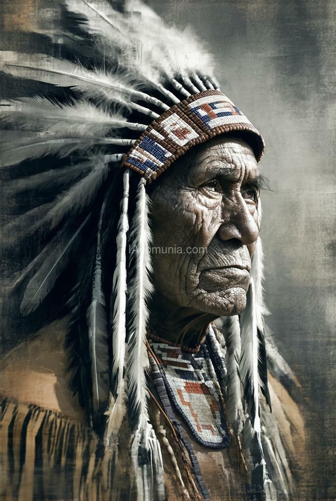 Imagen generada por IA en la comunidad IAcomuia: A deeply evocative and textured monochrome portrait of an elderly native american chief, exuding wisdom and reverence for tradition. the artwork captures every detail of his deeply lined face, each wrinkle telling a story of resilience, history, and connection to the land. his piercing eyes, shadowed yet expressive, gaze outward with a profound intensity that draws the viewer into his contemplative world. he wears a traditional feathered headdress, its intricate beadwork and flowing feathers rendered with remarkable detail. the feathers, slightly weathered, symbolize both his spiritual connection to nature and the passage of time. his long, flowing beard merges with the textured background, blending his form with the surrounding elements as if he is an inseparable part of the earth. the composition is layered with rough, abstract textures that add depth and atmosphere, evoking a sense of history and rugged beauty. subtle scratches, splatters, and brushstrokes overlay the image, creating an artistic fusion of realism and abstraction. the lighting is dramatic and directional, casting shadows across his face and emphasizing the contours of his features, while the background fades into an earthy haze of grays and browns, enhancing the timeless, almost mythic quality of the piece. the overall mood is one of strength, legacy, and quiet dignity, celebrating the enduring spirit of native american culture and the wisdom of its elders. the blend of fine detail and expressive abstraction creates a powerful visual narrative that feels both personal and universal. created by sasan