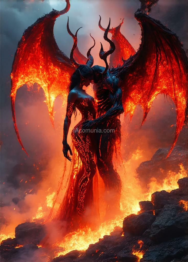 Imagen generada por IA en la comunidad IAcomuia: A 3d render of a surreal, dark fantasy scene with two demonic figures locked in a passionate embrace. the male demon has red skin, horns, skeletal details, and crimson wings with a glowing, molten effect. the female demon has white skin, tribal tattoos covering her body, and dark horns. they float above a rocky, fiery landscape with embers and smoke swirling around them. the lighting is dramatic, casting ethereal beams, with an apocalyptic atmosphere and intricate detail on their bodies. the style is highly realistic, with gothic and macabre aesthetics, similar to zuri van klaxklax's style.