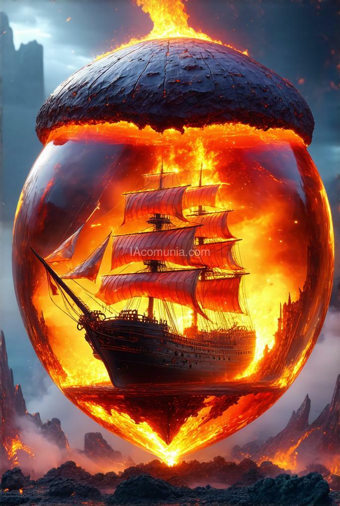 Imagen generada por IA en la comunidad IAcomuia: A mesmerizing and fantastical digital artwork depicting a grand sailing ship encased within a giant, glass-like acorn, glowing with fiery, molten energy. the acorn sits amidst an otherworldly, volcanic landscape, with glowing embers and plumes of smoke swirling around it. inside the transparent acorn, the ship appears to be floating over a coral reef-like structure, made entirely from the remnants of the ship itself, intricately detailed with textures resembling charred wood and living coral. the fiery glow from within the acorn casts a warm, dramatic light, contrasting beautifully with the cooler tones of the smoky, ash-filled environment. the ship's sails are illuminated, giving the impression of a magical aura, as if suspended in time. the surrounding atmosphere is filled with floating embers and fiery sparks, adding a dynamic sense of movement and chaos. the design is hyper-realistic, blending elements of fantasy, fire, and nature, creating a surreal and awe-inspiring scene. the composition balances intricate details with a grand, epic scale, evoking themes of transformation, destruction, and rebirth. this artwork is a stunning 32k resolution masterpiece, ideal as a cinematic, high-definition wallpaper.