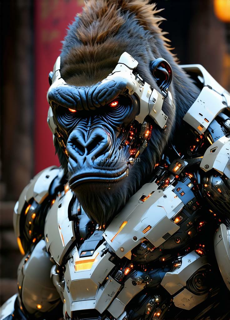 Imagen generada por IA en la comunidad IAcomuia: In this hyper-detailed photogrammetry-style portrait, a cybernetic gorilla, king kong, stares directly ahead, exuding a commanding presence through a fusion of primal strength and intricate cybernetic enhancements. his muscular frame is rendered in striking realism, each sinew and scar meticulously captured, while segments of metallic plating enhance his natural armor, giving him an indomitable aura. his chest is adorned with sleek, silver-white plating, reflecting a futuristic yet regal appearance. king kong's pelage is a pristine platinum white, shimmering under the dim light, and his piercing blue eyes glow with an otherworldly intensity. covering his face is a japanese-inspired cybernetic mask, its design echoing the fierce expression of a traditional oni with sharp, angular lines and high-tech modifications. the mask is crafted from alloyed metal with crimson neon accents illuminating the intricate engravings, creating a contrast between ancient symbolism and modern functionality. sensors and data interfaces are subtly embedded in the mask, allowing for tactical overlays and visual enhancements, and faint wisps of vapor occasionally release from the edges, enhancing the air of mystique. the background—a dimly lit, virtual dojo or battlefield scene—adds a haunting depth, placing the gorilla in a world where tradition and technology collide. this portrait captures the essence of an unstoppable warrior, a fusion of nature’s raw power and the sleek precision of cybernetics, his masked gaze exuding both wisdom and an intimidating strength. created by sasan