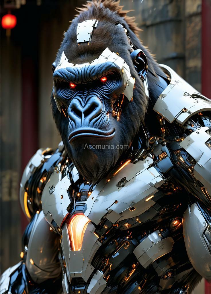 Imagen generada por IA en la comunidad IAcomuia: In this hyper-detailed photogrammetry-style portrait, a cybernetic gorilla, king kong, stares directly ahead, exuding a commanding presence through a fusion of primal strength and intricate cybernetic enhancements. his muscular frame is rendered in striking realism, each sinew and scar meticulously captured, while segments of metallic plating enhance his natural armor, giving him an indomitable aura. his chest is adorned with sleek, silver-white plating, reflecting a futuristic yet regal appearance. king kong's pelage is a pristine platinum white, shimmering under the dim light, and his piercing blue eyes glow with an otherworldly intensity. covering his face is a japanese-inspired cybernetic mask, its design echoing the fierce expression of a traditional oni with sharp, angular lines and high-tech modifications. the mask is crafted from alloyed metal with crimson neon accents illuminating the intricate engravings, creating a contrast between ancient symbolism and modern functionality. sensors and data interfaces are subtly embedded in the mask, allowing for tactical overlays and visual enhancements, and faint wisps of vapor occasionally release from the edges, enhancing the air of mystique. the background—a dimly lit, virtual dojo or battlefield scene—adds a haunting depth, placing the gorilla in a world where tradition and technology collide. this portrait captures the essence of an unstoppable warrior, a fusion of nature’s raw power and the sleek precision of cybernetics, his masked gaze exuding both wisdom and an intimidating strength. created by sasan