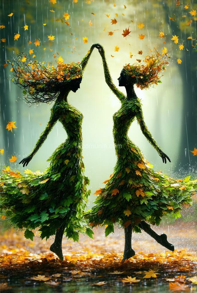 Imagen generada por IA en la comunidad IAcomuia: A mesmerizing autumnal depiction of two elegant figures composed entirely of vibrant fall leaves, dancing gracefully amidst a rain-soaked forest path. each figure's body seamlessly blends with the natural elements, their flowing forms crafted from leaves in shades of green, yellow, and orange, representing the transition of seasons. their hair, resembling twisting branches and scattered leaves, flows outward, adding dynamic movement to their ethereal dance. the rain falls gently, creating a soft mist and reflecting light off the damp ground, enhancing the magical ambiance of the scene. surrounding them, golden leaves cascade through the air, emphasizing the harmonious connection between the dancers and their environment. the soft lighting filters through the hazy background, casting a gentle glow on the figures and illuminating the delicate textures of the leaves. the mood is serene and enchanting, capturing a moment of pure natural beauty, as if the spirit of autumn itself has come alive in a poetic celebration of change and unity. created by sasan