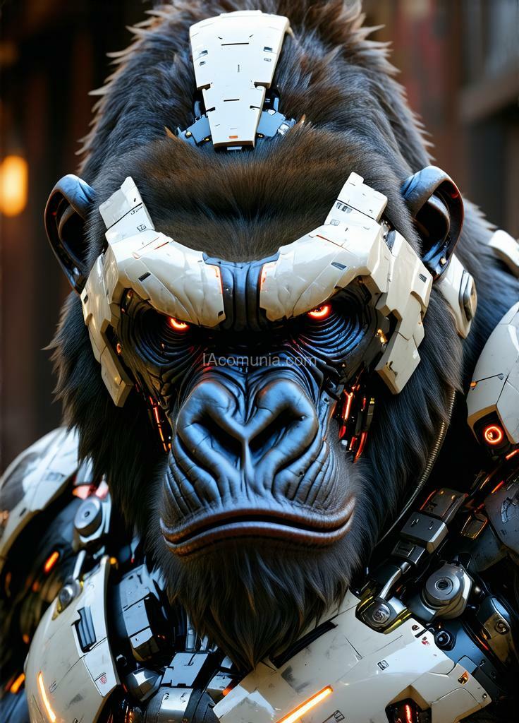 Imagen generada por IA en la comunidad IAcomuia: In this hyper-detailed photogrammetry-style portrait, a cybernetic gorilla, king kong, stares directly ahead, exuding a commanding presence through a fusion of primal strength and intricate cybernetic enhancements. his muscular frame is rendered in striking realism, each sinew and scar meticulously captured, while segments of metallic plating enhance his natural armor, giving him an indomitable aura. his chest is adorned with sleek, silver-white plating, reflecting a futuristic yet regal appearance. king kong's pelage is a pristine platinum white, shimmering under the dim light, and his piercing blue eyes glow with an otherworldly intensity. covering his face is a japanese-inspired cybernetic mask, its design echoing the fierce expression of a traditional oni with sharp, angular lines and high-tech modifications. the mask is crafted from alloyed metal with crimson neon accents illuminating the intricate engravings, creating a contrast between ancient symbolism and modern functionality. sensors and data interfaces are subtly embedded in the mask, allowing for tactical overlays and visual enhancements, and faint wisps of vapor occasionally release from the edges, enhancing the air of mystique. the background—a dimly lit, virtual dojo or battlefield scene—adds a haunting depth, placing the gorilla in a world where tradition and technology collide. this portrait captures the essence of an unstoppable warrior, a fusion of nature’s raw power and the sleek precision of cybernetics, his masked gaze exuding both wisdom and an intimidating strength. created by sasan