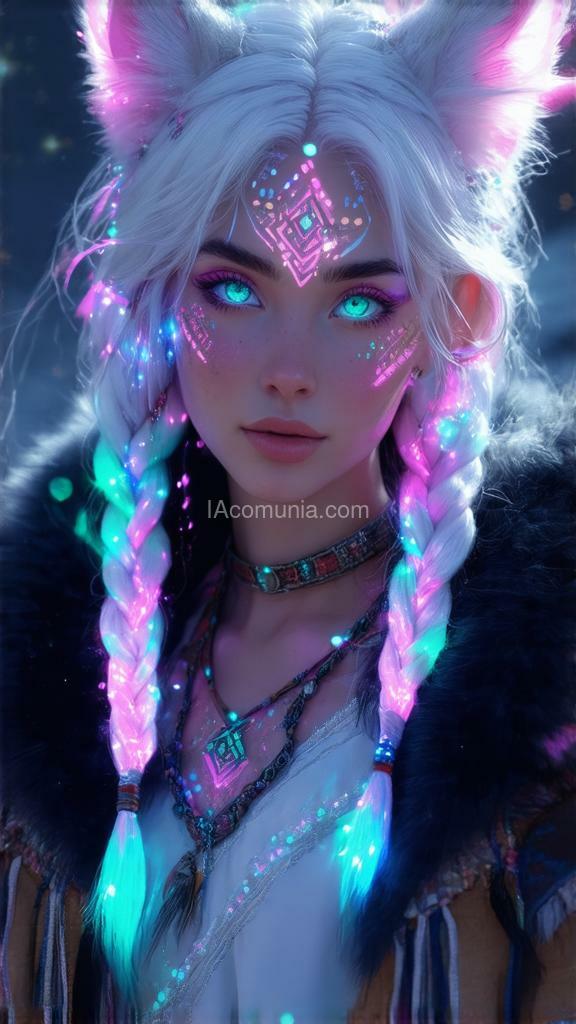 Imagen generada por IA en la comunidad IAcomuia: Super details a mystical young woman with pale white hair adorned with braided pastel highlights in pink and blue she has animal-like features with subtle cat ears peeking through her hair her face is decorated with intricate tribal patterns in neon pink turquoise and white her eyes are a captivating bright green with a hint of sparkle adding to her ethereal look she wears a fur-lined cloak and a necklace with geometric symbols giving her a shamanic warrior appearance the background is a dreamy cosmic scene with stars and soft glowing orbs enhancing the fantasy atmosphere sentence crafted by sasan