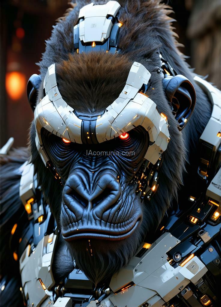 Imagen generada por IA en la comunidad IAcomuia: In this hyper-detailed photogrammetry-style portrait, a cybernetic gorilla, king kong, stares directly ahead, exuding a commanding presence through a fusion of primal strength and intricate cybernetic enhancements. his muscular frame is rendered in striking realism, each sinew and scar meticulously captured, while segments of metallic plating enhance his natural armor, giving him an indomitable aura. his chest is adorned with sleek, silver-white plating, reflecting a futuristic yet regal appearance. king kong's pelage is a pristine platinum white, shimmering under the dim light, and his piercing blue eyes glow with an otherworldly intensity. covering his face is a japanese-inspired cybernetic mask, its design echoing the fierce expression of a traditional oni with sharp, angular lines and high-tech modifications. the mask is crafted from alloyed metal with crimson neon accents illuminating the intricate engravings, creating a contrast between ancient symbolism and modern functionality. sensors and data interfaces are subtly embedded in the mask, allowing for tactical overlays and visual enhancements, and faint wisps of vapor occasionally release from the edges, enhancing the air of mystique. the background—a dimly lit, virtual dojo or battlefield scene—adds a haunting depth, placing the gorilla in a world where tradition and technology collide. this portrait captures the essence of an unstoppable warrior, a fusion of nature’s raw power and the sleek precision of cybernetics, his masked gaze exuding both wisdom and an intimidating strength. created by sasan