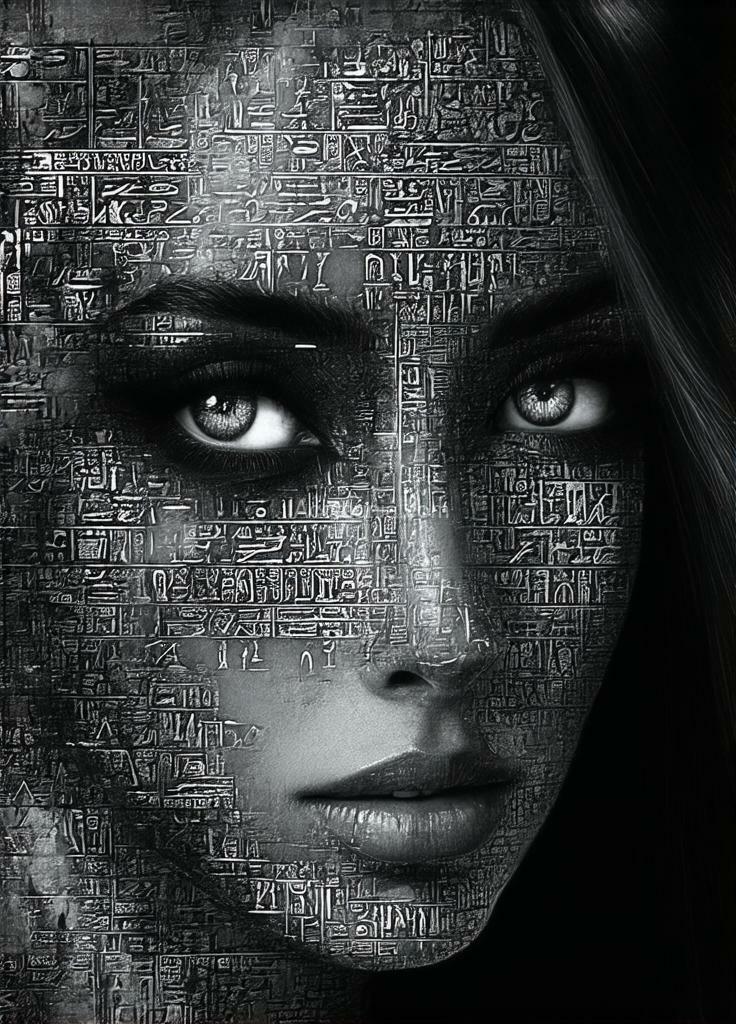 Imagen generada por IA en la comunidad IAcomuia: Super detailed high-quality 8k the image is a black and white close up portrait of a mysterious and beautiful woman's face. the image of the woman is made up of small, irregularly shaped hieroglyphs that are other worldly in nature , creating a textured and abstract design. the hieroglyphs are arranged in a way that they form the shape of the woman's and face, her eyes have an intensity and her hair in long and flows in a beautiful way. the background is dark, making the portrait stand out. dynamic lighting creates intensity in the scene. illustration, 3d render. surreal, abstract and other worldly. created with love by sasan.