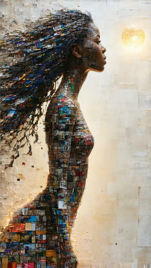 Imagen generada por IA en la comunidad IAcomuia: Super detailed high-quality 8k an elaborate abstract collage made entirely of thinly torn and twisted photos, fabric, paper and books. while appearing completely random, the collage reveals a beautiful woman standing in an abstract space. the woman is multi ethnic and is looking up at a small orb of light hovering above her. the woman's face and body is constructed of entirely of thousands of torn strips of paper and twists all around the composition. she has long, flowing hair that flows all around the composition. the skin is comprised of thousands of strips of paper creating complex patterns across the form. bend and twist the paper to create a 3d sculpture of woman. volumetric light fills the space behind the woman. use dynamic color to emphasize the woman. the torn pieces of paper have many layers and colors the together build a highly detailed new image with the collective collage. the background environment is an abstract, minimal space that complements the woman. show fine details with very thin strips of photos. use text and paper to build the environment. create depth with the background layers. cinematic, depth of field, beautiful, epic, dynamic, abstract and energy. created with love by sasan.