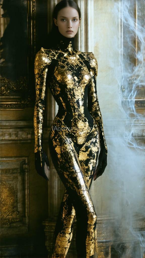 Imagen generada por IA en la comunidad IAcomuia: A hyper realistic digital painting, photo shot in kodak portra, by helmut newton, design a character of a cybernetic woman inspired by the concept of 'haunted versailles.' the woman should blend elements of elegance and opulence with eerie, ghostly features. imagine intricate golden details and baroque patterns reminiscent of the palace of versailles, but with a dark, haunted twist--faded and cracked, as if touched by time and spirits. the sleek body should have a spectral, shadowy aura, with faint images of ghostly figures or mist swirling around it. incorporate ornate mirrors, chandeliers, or classic french architectural motifs subtly into the design, as if the woman itself is a moving piece of the haunted palace. the overall look should be both luxurious and chilling, creating a sense of speed, power, and otherworldly mystery