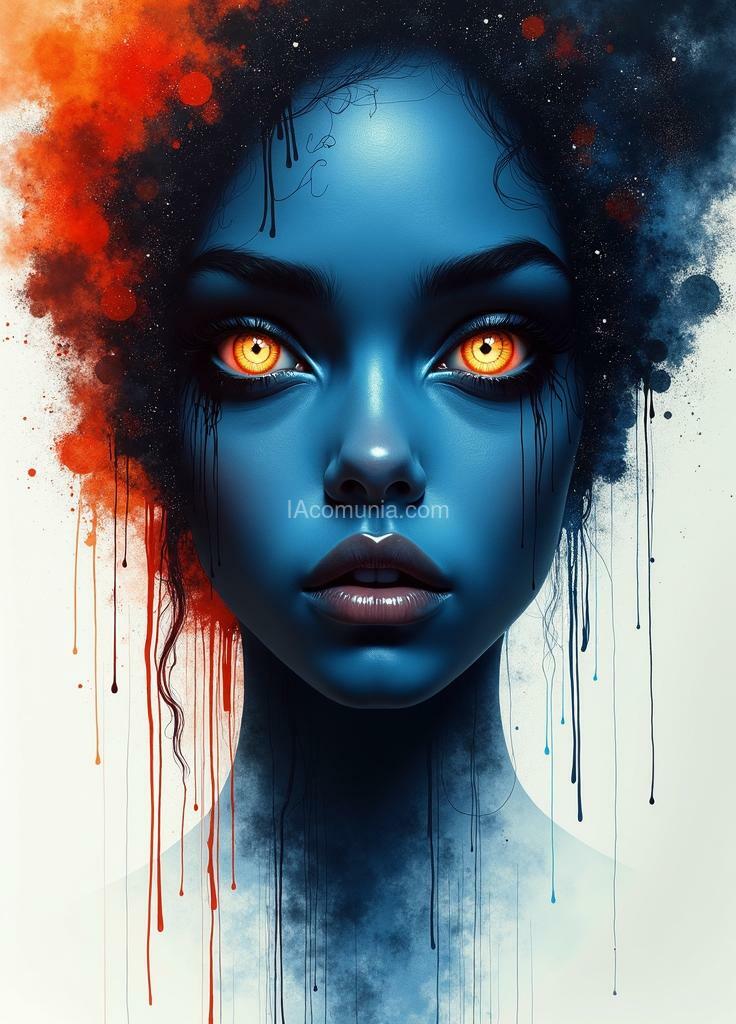 Imagen generada por IA en la comunidad IAcomuia: "a surreal and exceptionally beautiful portrait of a feminine face with dark blue skin and large, luminous eyes staring intensely at the viewer. the face is set against a dark, cosmic background, with a halo of stars and night sky elements blending into deep black shadows. the left side of the image has splashes of red and orange, conveying a sense of fiery energy. the painting style resembles watercolor, with drips and irregular lines flowing down from the face, creating an effect of melting or flowing colors. the surrounding area is minimalistic and white, enhancing the focus on the face and the intensity of the gaze. this portrait evokes a profound sense of mystery, coldness, and beauty. created by sasan"