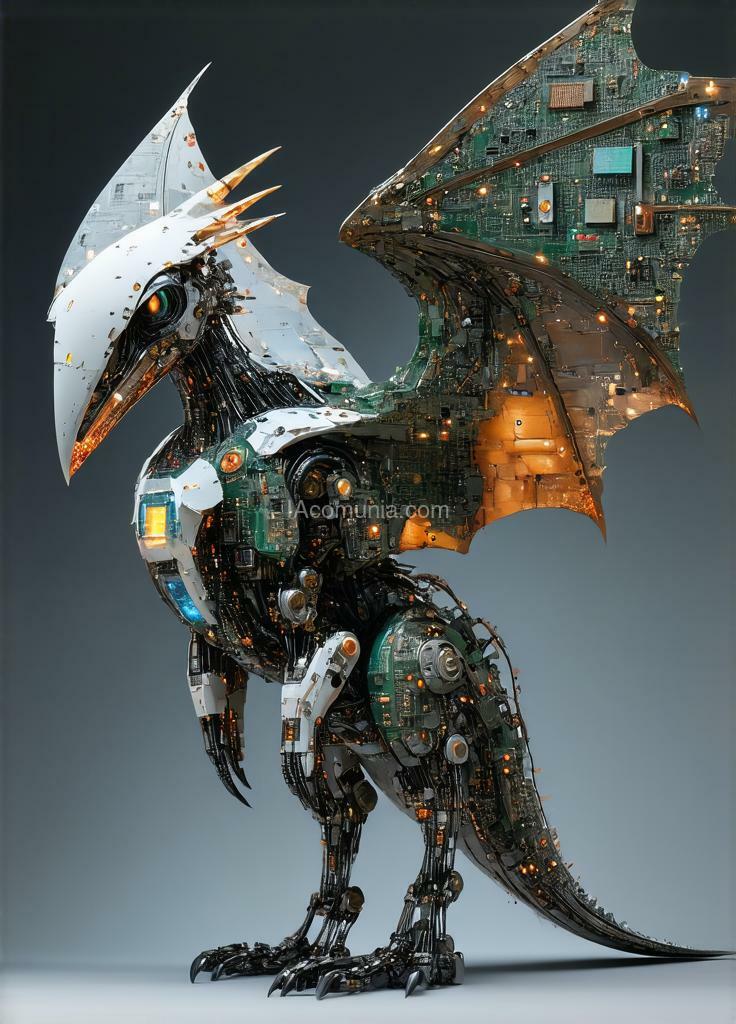 Imagen generada por IA en la comunidad IAcomuia: Mechanical, armoured, power armour, pterodactyl, eternal light, anthropomorphic, cybernetic, sci-fi, made of circuit boards and wires with microchips, crystals, gemstones, batteries, ultra detailed,