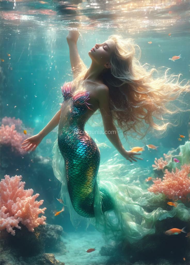 Imagen generada por IA en la comunidad IAcomuia: Super detailed high quality 8k, a hyper-realistic and ethereal portrayal of a graceful mermaid swimming in a vibrant, underwater world. the mermaid has long, flowing, wavy blonde hair that moves elegantly in the water, giving her a surreal, dreamlike aura. her tail is elaborately designed, featuring scales in soft shades of turquoise, pink, and peach that shimmer with iridescent highlights. the tail fin fans out in long, delicate, feathery extensions that resemble flowing petals, gracefully trailing behind her as she glides through the water. her upper body is adorned with intricate, coral-like adornments that blend into her skin, adding to her otherworldly beauty. her arms are extended slightly, enhancing the sense of movement and fluidity. surrounding her are vibrant coral reefs in shades of soft pink, blue, and orange, with small fish swimming around, adding life and detail to the underwater scene. sunlight filters through the water above, casting a gentle, diffused glow over the entire scene, illuminating the mermaid and her surroundings with a soft, magical light. the overall ambiance is serene, mystical, and enchanting, capturing the beauty of an underwater fantasy realm. made by sasan.