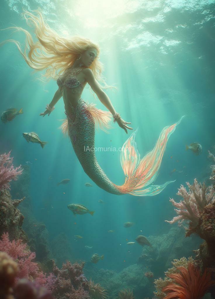 Imagen generada por IA en la comunidad IAcomuia: Super detailed high quality 8k, a hyper-realistic and ethereal portrayal of a graceful mermaid swimming in a vibrant, underwater world. the mermaid has long, flowing, wavy blonde hair that moves elegantly in the water, giving her a surreal, dreamlike aura. her tail is elaborately designed, featuring scales in soft shades of turquoise, pink, and peach that shimmer with iridescent highlights. the tail fin fans out in long, delicate, feathery extensions that resemble flowing petals, gracefully trailing behind her as she glides through the water. her upper body is adorned with intricate, coral-like adornments that blend into her skin, adding to her otherworldly beauty. her arms are extended slightly, enhancing the sense of movement and fluidity. surrounding her are vibrant coral reefs in shades of soft pink, blue, and orange, with small fish swimming around, adding life and detail to the underwater scene. sunlight filters through the water above, casting a gentle, diffused glow over the entire scene, illuminating the mermaid and her surroundings with a soft, magical light. the overall ambiance is serene, mystical, and enchanting, capturing the beauty of an underwater fantasy realm. made by sasan.