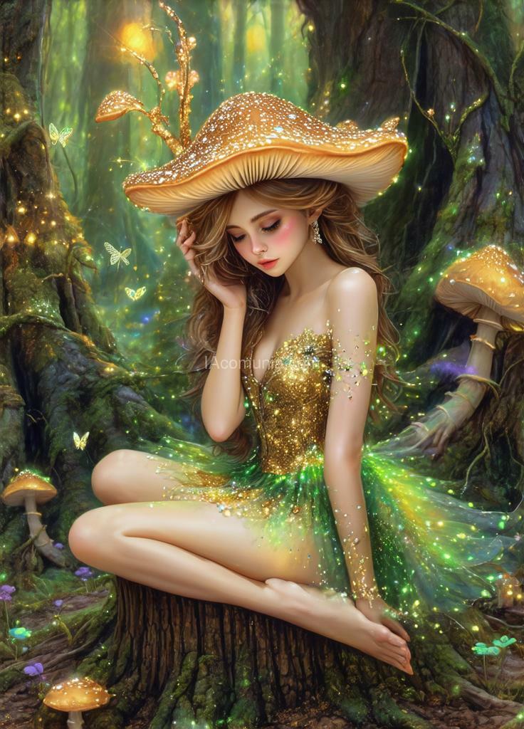 Imagen generada por IA en la comunidad IAcomuia: Acrylic, digital painting. a close-up of a magical, fantastic mushroom fairy in the image of a young woman, wearing a mushroom hat inlaid with cubic zirconia, the fairy sits on a stump in a magical forest. she is decorated with various fantasy decorations, and her top and skirt are decorated with gold shimmering sequins, rare unusual plants, flowers and mushrooms are around her, plants glow with neon, bioluminescence, around the glowing haze and fireflies, bright light, elaboration of small details