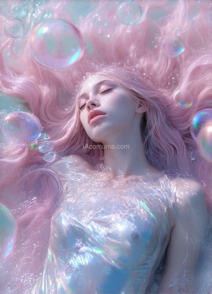 Imagen generada por IA en la comunidad IAcomuia: A young woman with long, flowing cotton-candy pink hair suspended underwater, photographed from a 45-degree angle above. hair strands intertwine with translucent sky blue water currents, creating a double helix pattern. she wears a metallic silver silk dress that ripples like mercury, catching underwater light. skin tone is pale porcelain with slight blue undertones. multiple champagne-sized bubbles float upward, each containing rainbow-like light refractions. volumetric god rays pierce through crystal-clear water from top-left corner, creating visible light beams. eyes closed, peaceful expression, floating weightlessly. depth of field focused on face, slightly blurred edges. ultra-high definition underwater photography, f/2.8 aperture, shot with professional lighting setup, hyperrealistic detail, 8k resolution.