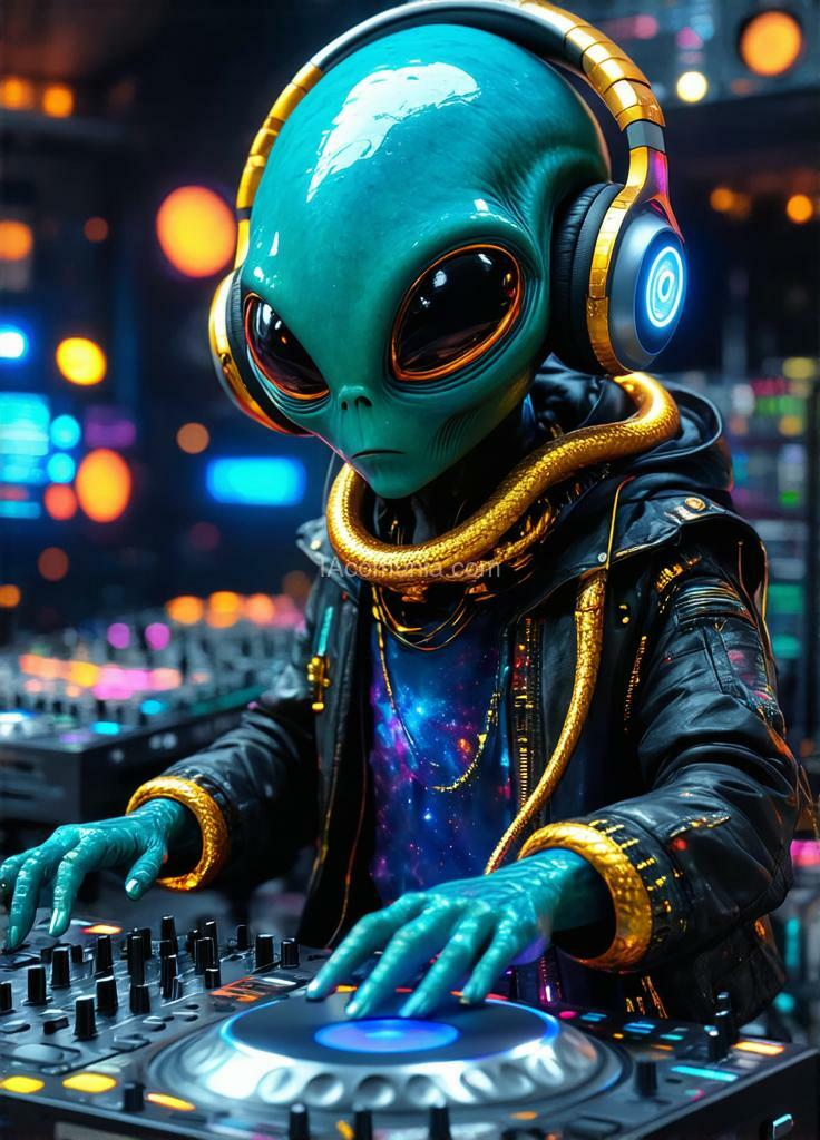 Imagen generada por IA en la comunidad IAcomuia: A photorealistic representation of alien transformed into a retro-futuristic dj character, making music at the psytrance party, with a dj music controller, golden headphones, golden snake around his neck, highly detailed photography, detailed textures, 12k resolution, raw, masterpiece, hyper-realistic technological space and futuristic artifacts, surrounded by a mind-blowing cosmic ocean of gadgets, at the party astronauts. aesthetic , fantasy , stylized , totally mind-blowing , luxurious multicolored and resplendent costume , a magical and surreal image , fantasy inspired art style , smooth , focused , dmt experience , intellect , light form , explorer , colorful tones , bokeh , digital painting , highly detailed and clean , professional photography , photorealism , incredible , detailed and intricate fluid painting , geometry , internal universe , making music, light and shadow balance , ultra detailed complex splatter art , trends artstation , unreal engine 5 vhs volumetric lighting , gas shape , shadow shape , energy shape , light shape , explorer , highly detailed color illustration , color tones , digital painting, highly detailed and clean, photorealistic universal scene, vibrant color, high detail liquid melting, emitting a kaleidoscope of brilliant colors. energy , molecular , textures , pure perfection , divine presence , unforgettable , stunning , unreal fantasy , conceptual art , immersive , mind-blowing , ((psychedelic style)) , acanthus scrolls , intricately det