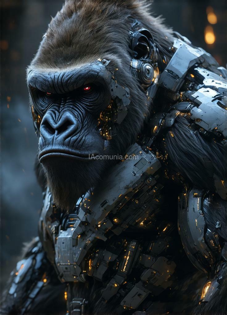 Imagen generada por IA en la comunidad IAcomuia: In this hyper-detailed photogrammetry-style portrait, a cybernetic gorilla, king kong, stares directly ahead, exuding a commanding presence through a fusion of primal strength and intricate cybernetic enhancements. his muscular frame is rendered in striking realism, each sinew and scar meticulously captured, while segments of metallic plating enhance his natural armor, giving him an indomitable aura. his chest is adorned with sleek, silver-white plating, reflecting a futuristic yet regal appearance. king kong's pelage is a pristine platinum white, shimmering under the dim light, and his piercing blue eyes glow with an otherworldly intensity. covering his face is a japanese-inspired cybernetic mask, its design echoing the fierce expression of a traditional oni with sharp, angular lines and high-tech modifications. the mask is crafted from alloyed metal with crimson neon accents illuminating the intricate engravings, creating a contrast between ancient symbolism and modern functionality. sensors and data interfaces are subtly embedded in the mask, allowing for tactical overlays and visual enhancements, and faint wisps of vapor occasionally release from the edges, enhancing the air of mystique. the background—a dimly lit, virtual dojo or battlefield scene—adds a haunting depth, placing the gorilla in a world where tradition and technology collide. this portrait captures the essence of an unstoppable warrior, a fusion of nature’s raw power and the sleek precision of cybernetics, his masked gaze exuding both wisdom and an intimidating strength. created by sasan