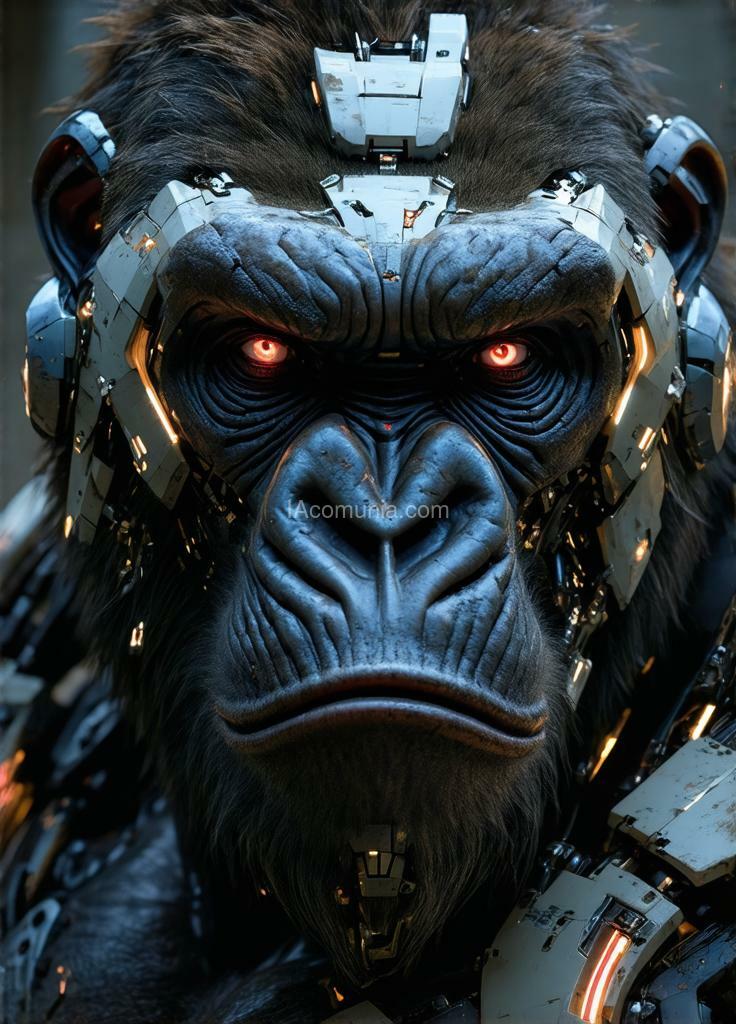 Imagen generada por IA en la comunidad IAcomuia: In this hyper-detailed photogrammetry-style portrait, a cybernetic gorilla, king kong, stares directly ahead, exuding a commanding presence through a fusion of primal strength and intricate cybernetic enhancements. his muscular frame is rendered in striking realism, each sinew and scar meticulously captured, while segments of metallic plating enhance his natural armor, giving him an indomitable aura. his chest is adorned with sleek, silver-white plating, reflecting a futuristic yet regal appearance. king kong's pelage is a pristine platinum white, shimmering under the dim light, and his piercing blue eyes glow with an otherworldly intensity. covering his face is a japanese-inspired cybernetic mask, its design echoing the fierce expression of a traditional oni with sharp, angular lines and high-tech modifications. the mask is crafted from alloyed metal with crimson neon accents illuminating the intricate engravings, creating a contrast between ancient symbolism and modern functionality. sensors and data interfaces are subtly embedded in the mask, allowing for tactical overlays and visual enhancements, and faint wisps of vapor occasionally release from the edges, enhancing the air of mystique. the background—a dimly lit, virtual dojo or battlefield scene—adds a haunting depth, placing the gorilla in a world where tradition and technology collide. this portrait captures the essence of an unstoppable warrior, a fusion of nature’s raw power and the sleek precision of cybernetics, his masked gaze exuding both wisdom and an intimidating strength. created by sasan