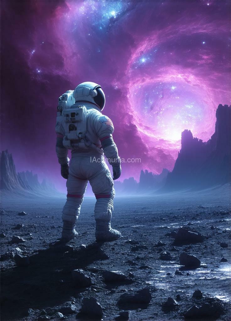 Imagen generada por IA en la comunidad IAcomuia: A lone astronaut stands on a desolate, rocky planet, gazing at a distant, vibrant nebula in a cinematic style. the astronaut's spacesuit is weathered and worn, showing signs of many journeys. the planet's surface is barren, with jagged rocks and deep canyons. the nebula fills a large portion of the sky, painted with swirling shades of purple, pink, and blue, creating a breathtaking contrast to the harsh, desolate foreground. the astronaut is illuminated by the soft glow of the nebula, casting their figure in a dramatic silhouette against the dark backdrop of space. the composition is centered on the astronaut, creating a visual balance between them and the cosmic spectacle. the color palette emphasizes the contrast between the cool, otherworldly colors of the nebula and the warm, earthy tones of the barren planet. the lighting should be cinematic, using subtle highlights and shadows to enhance the sense of depth and create a powerful, resonant mood. the style is a blend of photorealism and cinematic lighting, aiming for an image that feels both familiar and otherworldly. the level of detail should be impressive, capturing the texture of the astronaut’s suit, the harsh texture of the rocks, and the ethereal beauty of the nebula. the scene is rendered in high definition, with a focus on depth of field and atmospheric effects. the overall atmosphere of the image should be one of both awe and solitude, evoking a sense of wonder and isolation in the vast expanse of space. the image should be suitable for use as a high-quality print, a digital art piece, or a movie poster.