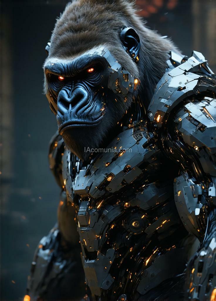 Imagen generada por IA en la comunidad IAcomuia: In this hyper-detailed photogrammetry-style portrait, a cybernetic gorilla, king kong, stares directly ahead, exuding a commanding presence through a fusion of primal strength and intricate cybernetic enhancements. his muscular frame is rendered in striking realism, each sinew and scar meticulously captured, while segments of metallic plating enhance his natural armor, giving him an indomitable aura. his chest is adorned with sleek, silver-white plating, reflecting a futuristic yet regal appearance. king kong's pelage is a pristine platinum white, shimmering under the dim light, and his piercing blue eyes glow with an otherworldly intensity. covering his face is a japanese-inspired cybernetic mask, its design echoing the fierce expression of a traditional oni with sharp, angular lines and high-tech modifications. the mask is crafted from alloyed metal with crimson neon accents illuminating the intricate engravings, creating a contrast between ancient symbolism and modern functionality. sensors and data interfaces are subtly embedded in the mask, allowing for tactical overlays and visual enhancements, and faint wisps of vapor occasionally release from the edges, enhancing the air of mystique. the background—a dimly lit, virtual dojo or battlefield scene—adds a haunting depth, placing the gorilla in a world where tradition and technology collide. this portrait captures the essence of an unstoppable warrior, a fusion of nature’s raw power and the sleek precision of cybernetics, his masked gaze exuding both wisdom and an intimidating strength. created by sasan