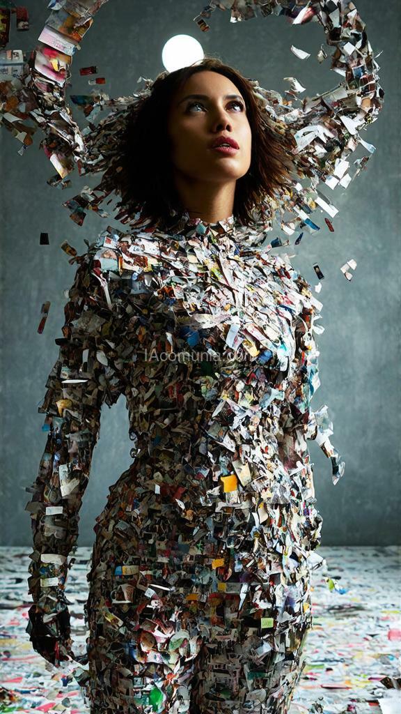 Imagen generada por IA en la comunidad IAcomuia: Super detailed high-quality 8k an elaborate abstract collage made entirely of thinly torn and twisted photos, fabric, paper and books. while appearing completely random, the collage reveals a beautiful woman standing in an abstract space. the woman is multi ethnic and is looking up at a small orb of light hovering above her. the woman's face and body is constructed of entirely of thousands of torn strips of paper and twists all around the composition. she has long, flowing hair that flows all around the composition. the skin is comprised of thousands of strips of paper creating complex patterns across the form. bend and twist the paper to create a 3d sculpture of woman. volumetric light fills the space behind the woman. use dynamic color to emphasize the woman. the torn pieces of paper have many layers and colors the together build a highly detailed new image with the collective collage. the background environment is an abstract, minimal space that complements the woman. show fine details with very thin strips of photos. use text and paper to build the environment. create depth with the background layers. cinematic, depth of field, beautiful, epic, dynamic, abstract and energy. created with love by sasan.