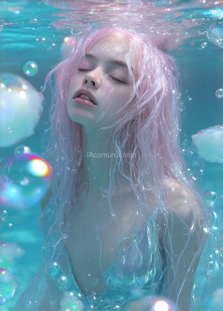 Imagen generada por IA en la comunidad IAcomuia: A young woman with long, flowing cotton-candy pink hair suspended underwater, photographed from a 45-degree angle above. hair strands intertwine with translucent sky blue water currents, creating a double helix pattern. she wears a metallic silver silk dress that ripples like mercury, catching underwater light. skin tone is pale porcelain with slight blue undertones. multiple champagne-sized bubbles float upward, each containing rainbow-like light refractions. volumetric god rays pierce through crystal-clear water from top-left corner, creating visible light beams. eyes closed, peaceful expression, floating weightlessly. depth of field focused on face, slightly blurred edges. ultra-high definition underwater photography, f/2.8 aperture, shot with professional lighting setup, hyperrealistic detail, 8k resolution.