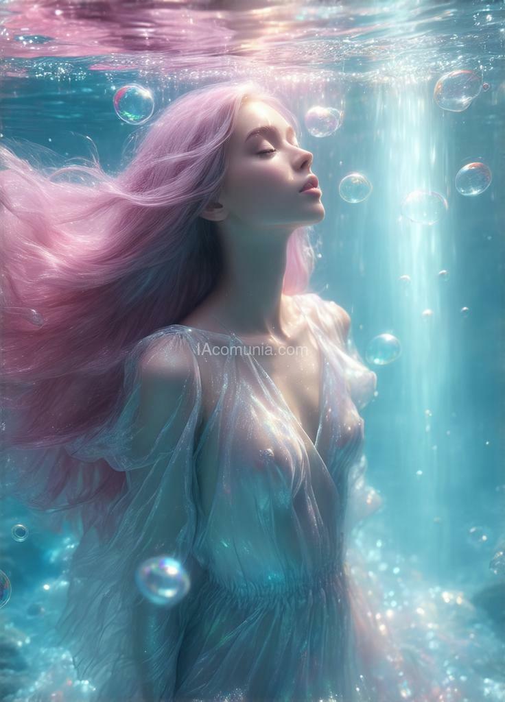 Imagen generada por IA en la comunidad IAcomuia: A young woman with long, flowing cotton-candy pink hair suspended underwater, photographed from a 45-degree angle above. hair strands intertwine with translucent sky blue water currents, creating a double helix pattern. she wears a metallic silver silk dress that ripples like mercury, catching underwater light. skin tone is pale porcelain with slight blue undertones. multiple champagne-sized bubbles float upward, each containing rainbow-like light refractions. volumetric god rays pierce through crystal-clear water from top-left corner, creating visible light beams. eyes closed, peaceful expression, floating weightlessly. depth of field focused on face, slightly blurred edges. ultra-high definition underwater photography, f/2.8 aperture, shot with professional lighting setup, hyperrealistic detail, 8k resolution.