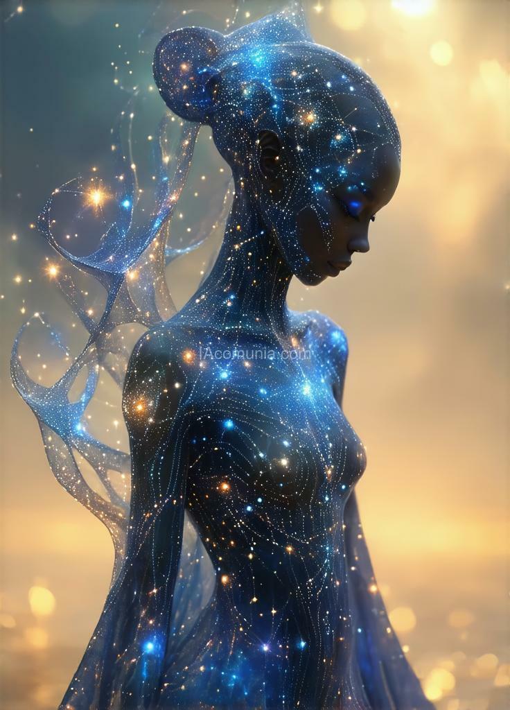 Imagen generada por IA en la comunidad IAcomuia: Calyra vexis, a traveler from a distant galaxy, moves in harmony with the rhythm of the stars. her essence, intricately entwined with the fabric of reality, allows her to navigate seamlessly through time, her form shifting like scattered constellations.