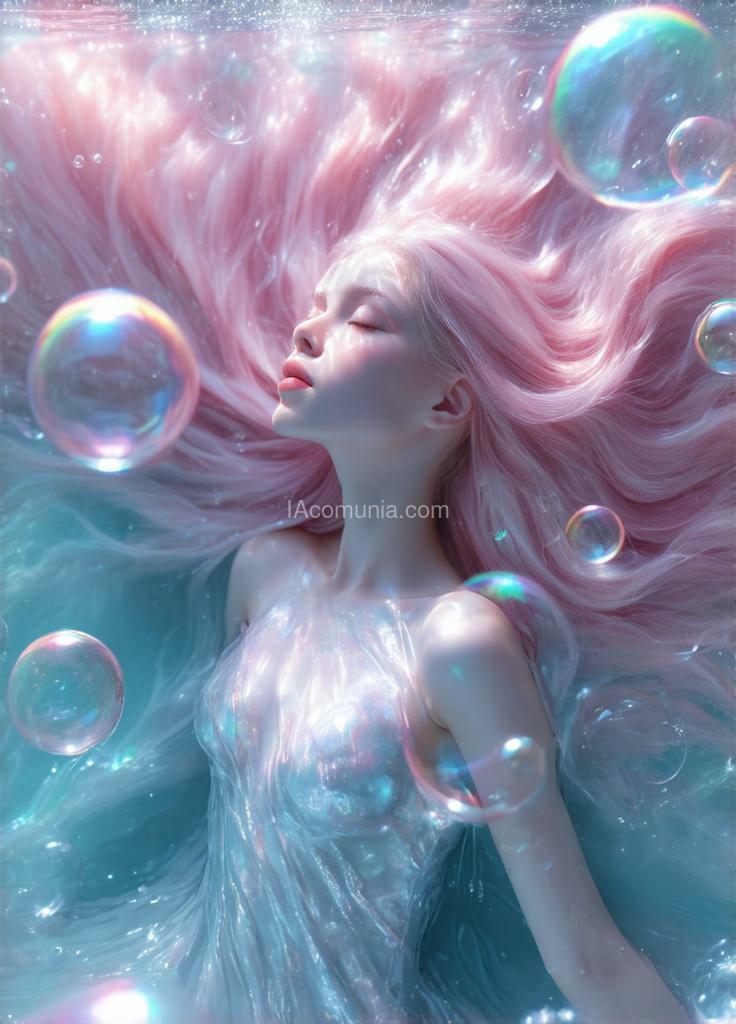 Imagen generada por IA en la comunidad IAcomuia: A young woman with long, flowing cotton-candy pink hair suspended underwater, photographed from a 45-degree angle above. hair strands intertwine with translucent sky blue water currents, creating a double helix pattern. she wears a metallic silver silk dress that ripples like mercury, catching underwater light. skin tone is pale porcelain with slight blue undertones. multiple champagne-sized bubbles float upward, each containing rainbow-like light refractions. volumetric god rays pierce through crystal-clear water from top-left corner, creating visible light beams. eyes closed, peaceful expression, floating weightlessly. depth of field focused on face, slightly blurred edges. ultra-high definition underwater photography, f/2.8 aperture, shot with professional lighting setup, hyperrealistic detail, 8k resolution.