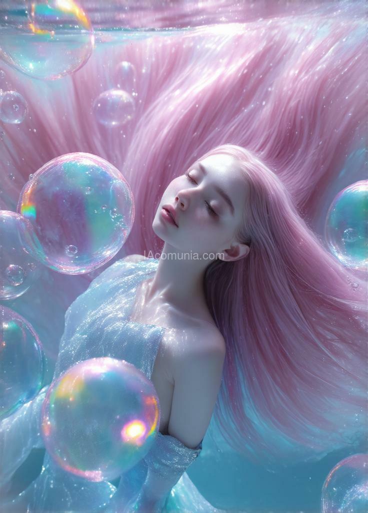 Imagen generada por IA en la comunidad IAcomuia: A young woman with long, flowing cotton-candy pink hair suspended underwater, photographed from a 45-degree angle above. hair strands intertwine with translucent sky blue water currents, creating a double helix pattern. she wears a metallic silver silk dress that ripples like mercury, catching underwater light. skin tone is pale porcelain with slight blue undertones. multiple champagne-sized bubbles float upward, each containing rainbow-like light refractions. volumetric god rays pierce through crystal-clear water from top-left corner, creating visible light beams. eyes closed, peaceful expression, floating weightlessly. depth of field focused on face, slightly blurred edges. ultra-high definition underwater photography, f/2.8 aperture, shot with professional lighting setup, hyperrealistic detail, 8k resolution.