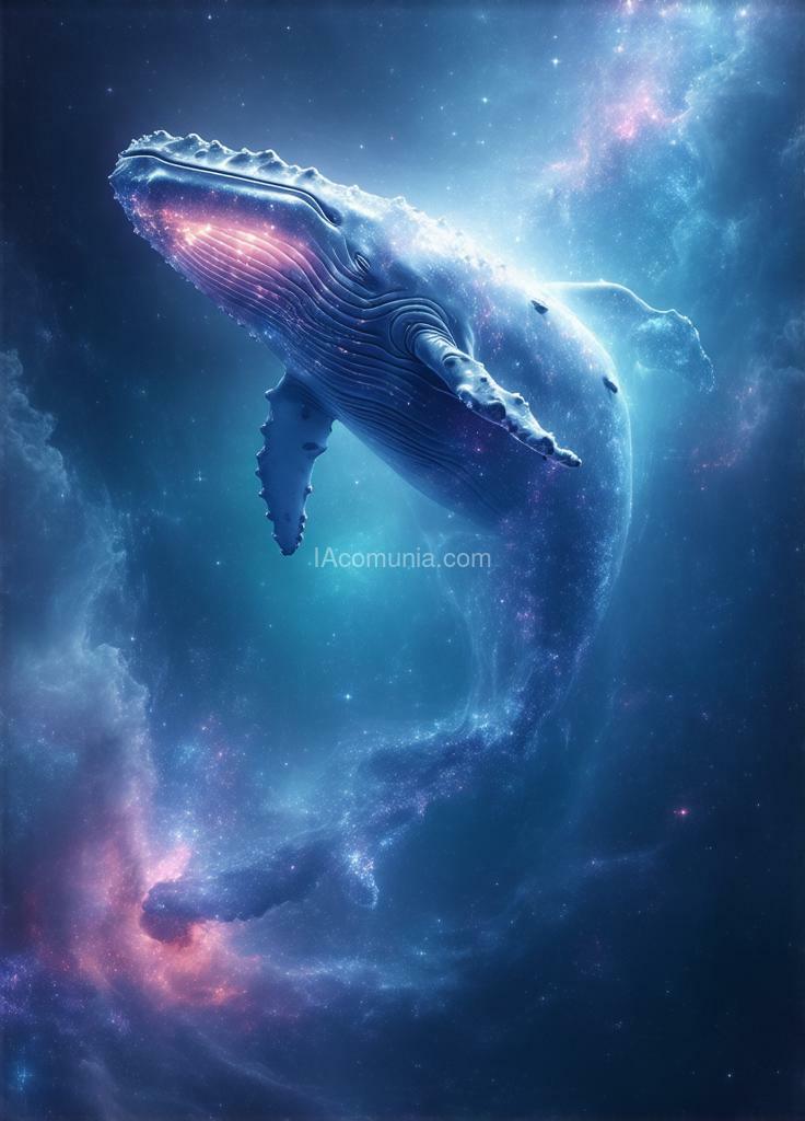 Imagen generada por IA en la comunidad IAcomuia: A massive translucent humpback whale, with visible internal bioluminescent organs, floating through a deep space environment. the whale's skin has a crystalline, frosted glass quality with subtle iridescent highlights in light pink (#ffb6c1). a sprawling nebula in sky blue (#87ceeb) surrounds the whale, with swirling cosmic dust and scattered stars. sound waves emanate from the whale's head in alternating pink and blue ripples, transforming into stellar constellations where they dissipate. the whale's fins trail wisps of stardust, creating new star clusters in its wake. the whale is positioned at a 3/4 angle, swimming from lower left to upper right of frame. multiple layers of cosmic clouds provide depth, with closer clouds more saturated and distant ones appearing softer and more transparent. pinpoints of starlight pierce through the scene, creating a subtle bokeh effect. the whale's eye reflects the cosmic environment, appearing as a deep pool containing a miniature galaxy. hyperrealistic texturing on the whale's skin shows subtle variations in transparency and light refraction. photography angle: wide shot, slight bottom-up perspective to emphasize the whale's massive scale against the cosmic backdrop. photorealistic lighting focuses on rim lighting along the whale's edges, with internal glow from its bioluminescent features.