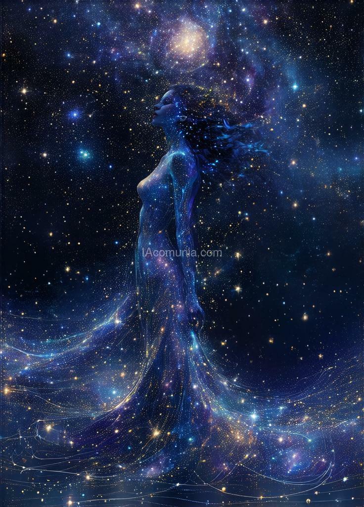 Imagen generada por IA en la comunidad IAcomuia: Calyra vexis, a traveler from a distant galaxy, moves in harmony with the rhythm of the stars. her essence, intricately entwined with the fabric of reality, allows her to navigate seamlessly through time, her form shifting like scattered constellations.