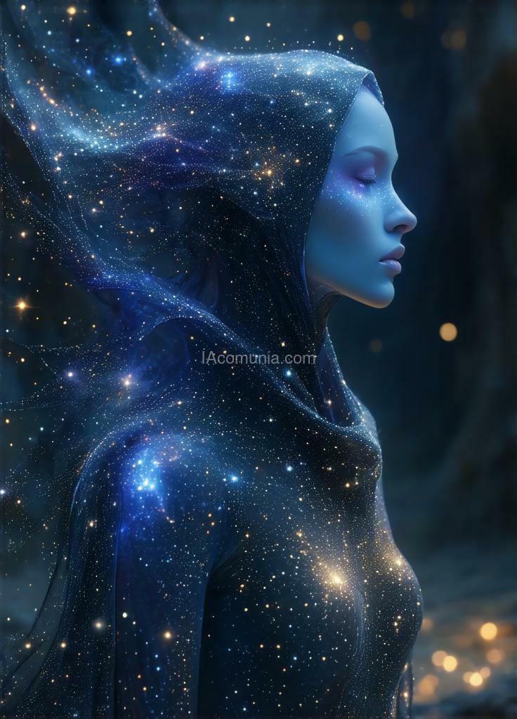 Imagen generada por IA en la comunidad IAcomuia: Calyra vexis, a traveler from a distant galaxy, moves in harmony with the rhythm of the stars. her essence, intricately entwined with the fabric of reality, allows her to navigate seamlessly through time, her form shifting like scattered constellations.