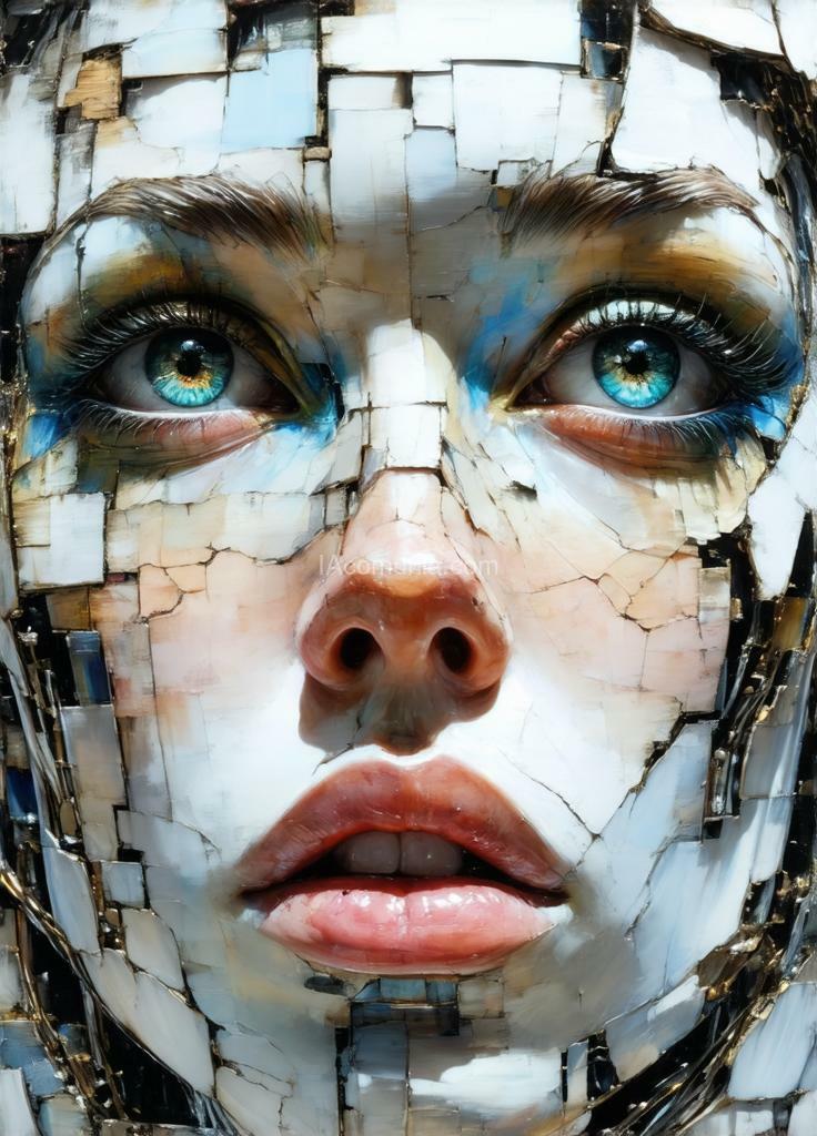 Imagen generada por IA en la comunidad IAcomuia: Awe inspiring , surreal structured mix media art, embroidered beautiful super model, art by luzia caldari, carne griffiths and vanessa barragao, an android waking up for the first time, exquisite, detailed eyes, beautiful, smooth lines, oil paint and acrylics, intricate and stunning, art by ilya kuvshinov, bruno walpoth, and daniel arsham