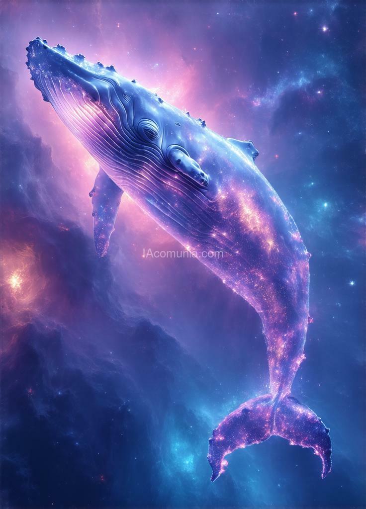 Imagen generada por IA en la comunidad IAcomuia: A massive translucent humpback whale, with visible internal bioluminescent organs, floating through a deep space environment. the whale's skin has a crystalline, frosted glass quality with subtle iridescent highlights in light pink (#ffb6c1). a sprawling nebula in sky blue (#87ceeb) surrounds the whale, with swirling cosmic dust and scattered stars. sound waves emanate from the whale's head in alternating pink and blue ripples, transforming into stellar constellations where they dissipate. the whale's fins trail wisps of stardust, creating new star clusters in its wake. the whale is positioned at a 3/4 angle, swimming from lower left to upper right of frame. multiple layers of cosmic clouds provide depth, with closer clouds more saturated and distant ones appearing softer and more transparent. pinpoints of starlight pierce through the scene, creating a subtle bokeh effect. the whale's eye reflects the cosmic environment, appearing as a deep pool containing a miniature galaxy. hyperrealistic texturing on the whale's skin shows subtle variations in transparency and light refraction. photography angle: wide shot, slight bottom-up perspective to emphasize the whale's massive scale against the cosmic backdrop. photorealistic lighting focuses on rim lighting along the whale's edges, with internal glow from its bioluminescent features.