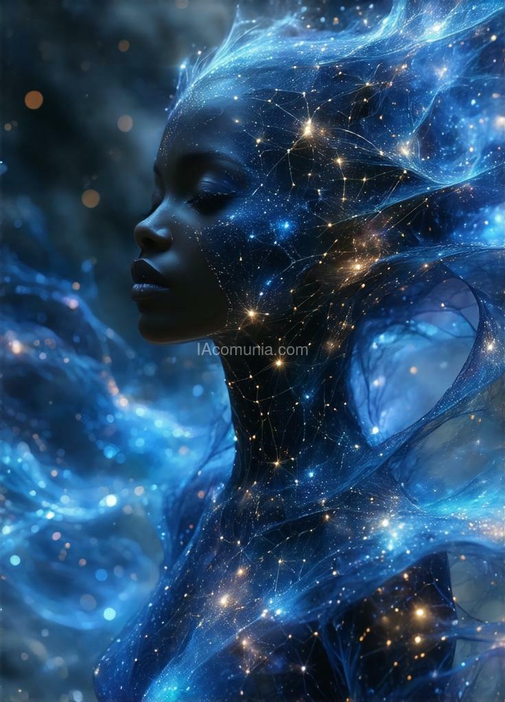 Imagen generada por IA en la comunidad IAcomuia: Calyra vexis, a traveler from a distant galaxy, moves in harmony with the rhythm of the stars. her essence, intricately entwined with the fabric of reality, allows her to navigate seamlessly through time, her form shifting like scattered constellations.