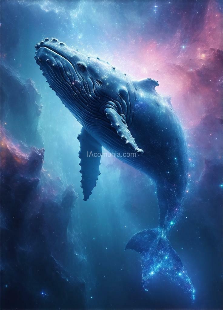 Imagen generada por IA en la comunidad IAcomuia: A massive translucent humpback whale, with visible internal bioluminescent organs, floating through a deep space environment. the whale's skin has a crystalline, frosted glass quality with subtle iridescent highlights in light pink (#ffb6c1). a sprawling nebula in sky blue (#87ceeb) surrounds the whale, with swirling cosmic dust and scattered stars. sound waves emanate from the whale's head in alternating pink and blue ripples, transforming into stellar constellations where they dissipate. the whale's fins trail wisps of stardust, creating new star clusters in its wake. the whale is positioned at a 3/4 angle, swimming from lower left to upper right of frame. multiple layers of cosmic clouds provide depth, with closer clouds more saturated and distant ones appearing softer and more transparent. pinpoints of starlight pierce through the scene, creating a subtle bokeh effect. the whale's eye reflects the cosmic environment, appearing as a deep pool containing a miniature galaxy. hyperrealistic texturing on the whale's skin shows subtle variations in transparency and light refraction. photography angle: wide shot, slight bottom-up perspective to emphasize the whale's massive scale against the cosmic backdrop. photorealistic lighting focuses on rim lighting along the whale's edges, with internal glow from its bioluminescent features.