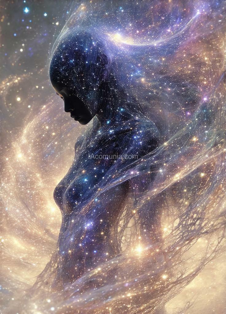 Imagen generada por IA en la comunidad IAcomuia: Calyra vexis, a traveler from a distant galaxy, moves in harmony with the rhythm of the stars. her essence, intricately entwined with the fabric of reality, allows her to navigate seamlessly through time, her form shifting like scattered constellations.