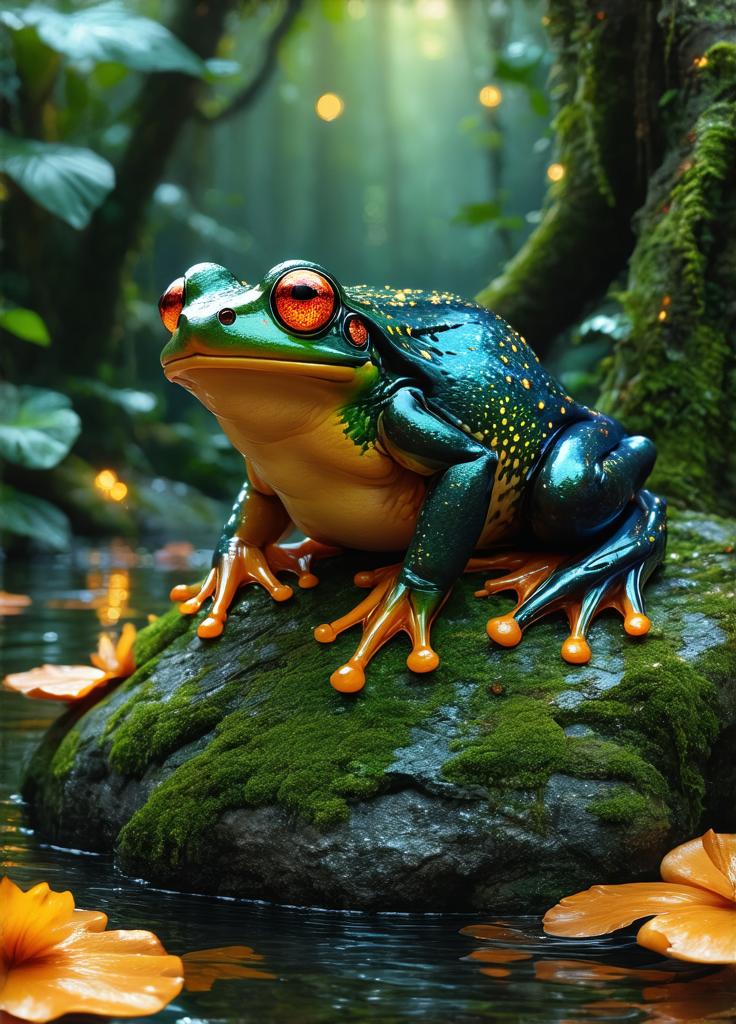 Imagen generada por IA en la comunidad IAcomuia: A hyper-realistic 8k fantastical hybrid creature blending the unique traits of a platypus with the vibrant features of a tree frog. the creature has the streamlined, semi-aquatic body of a platypus, its fur a rich, dark brown with bold, iridescent green and blue patterns that shimmer like warning signs in the light. its webbed feet are slightly elongated and end in bright orange toes like those of a tree frog, allowing it to swim and climb with remarkable agility. the creature’s face features the iconic smooth, glossy bill of a platypus, but with subtle frog-like textures around the edges, blending seamlessly into its amphibian-inspired design. its eyes are large, glowing red, resembling those of a tree frog, and its back has a faint, glossy sheen, echoing the moist skin of a frog. the hybrid’s tail is flat and paddle-like, perfect for navigating water, while its fur displays striking, venomous markings in vibrant yellow and black, signaling its dangerous nature. the creature rests gracefully on a moss-covered rock by a crystal-clear stream in a tropical rainforest, surrounded by lush greenery, glowing mushrooms, and soft rays of sunlight filtering through the dense canopy. the atmosphere is vibrant, magical, and filled with an aura of mystery, adaptability, and danger.