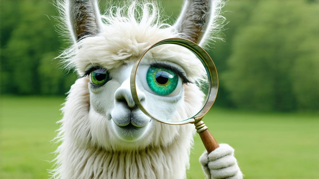 Imagen generada por IA en la comunidad IAcomuia: A whimsical and humorous 3d render of a llama holding a magnifying glass with a comically large eye peering through it, symbolizing the concept of 'search.' the llama has a playful and curious expression, standing on its hind legs like a detective. the magnifying glass is oversized, with a shiny, reflective lens that distorts the eye to look exaggerated and funny. the eye is wide open, with a spark of curiosity and a hint of mischief, emphasizing the idea of searching or investigating. the llama’s fur is soft and textured, with subtle shading to give it a lifelike appearance. the background is a simple, clean environment, like a grassy field or a detective’s office, with soft lighting to highlight the llama and the magnifying glass. the overall style is cartoony yet detailed, with vibrant colors and a touch of surrealism to enhance the humor. rendered in blender with high-quality 3d effects, focusing on playful details and a lighthearted vibe.