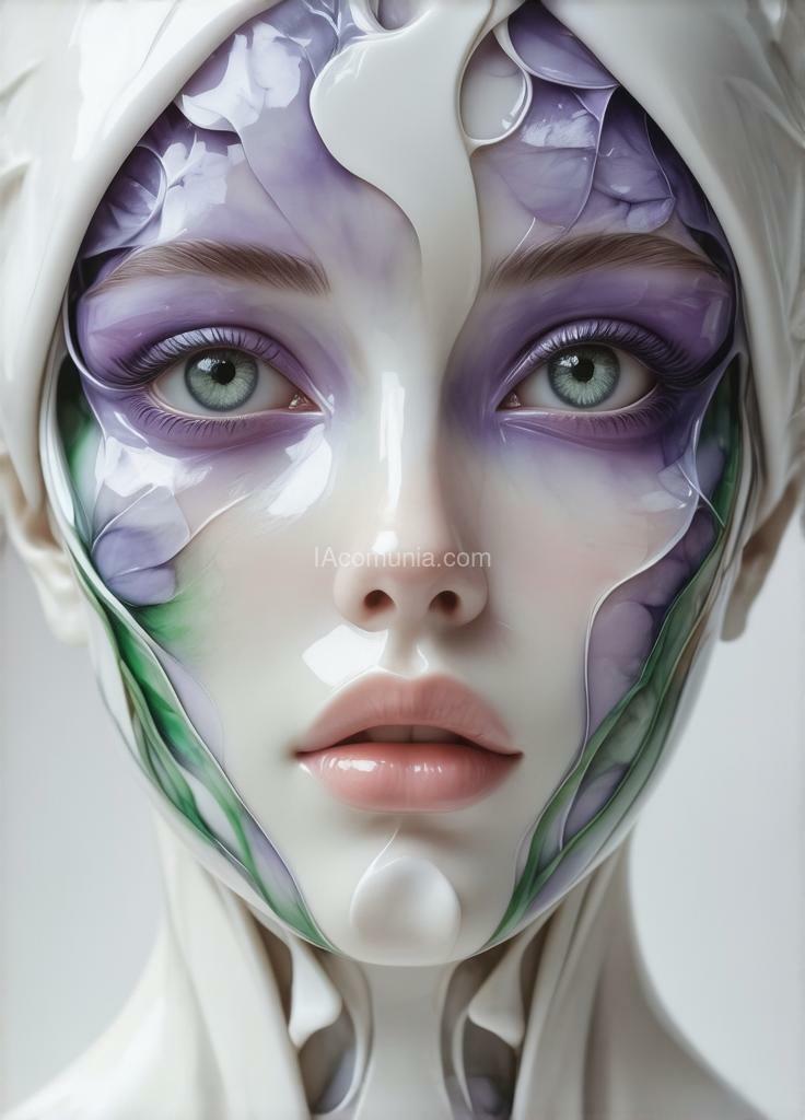 Imagen generada por IA en la comunidad IAcomuia: ((ultra hd quality details, realism, ideal)) a woman made of porcelain, in the style of balanced symmetry, lilac and green, detailed facial features, organic shapes, meticulous portraits, complex patterns.