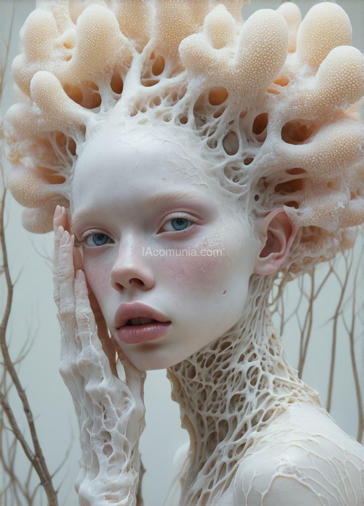 Imagen generada por IA en la comunidad IAcomuia: Woman with violetta corals on her head, porcelain pale skin, topological renders, hi-fructose art magazine, artforum, some tentacles are touching her, twigs, yasuke 5 0 0 px models, wearing jewellery, bilateral symmetry, albino, 32k, violetta