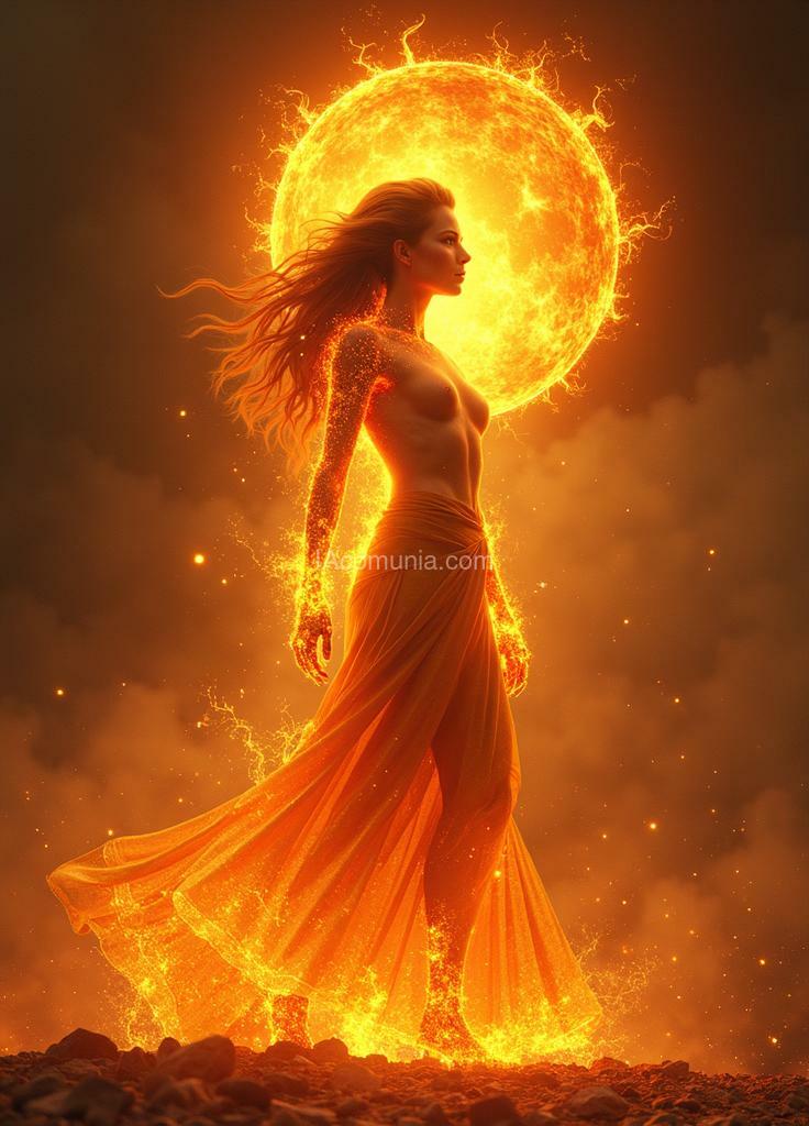 Imagen generada por IA en la comunidad IAcomuia: Vesta solis, her form alive with flickering flames that breathe and sway without consuming—majestic and powerful like the burning sun, she radiates a commanding beauty anchored in silent, indomitable strength.